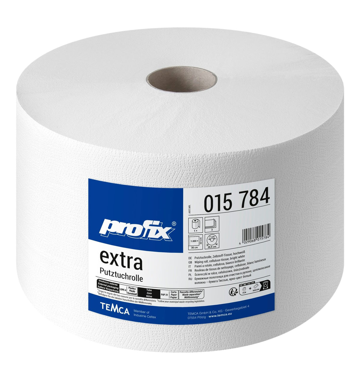 Profix Extra Putztuchrolle 3-lagig Zellstoff-Tissue hochweiß, 22 x 36 cm, 1.000 Blatt – 1 Rolle