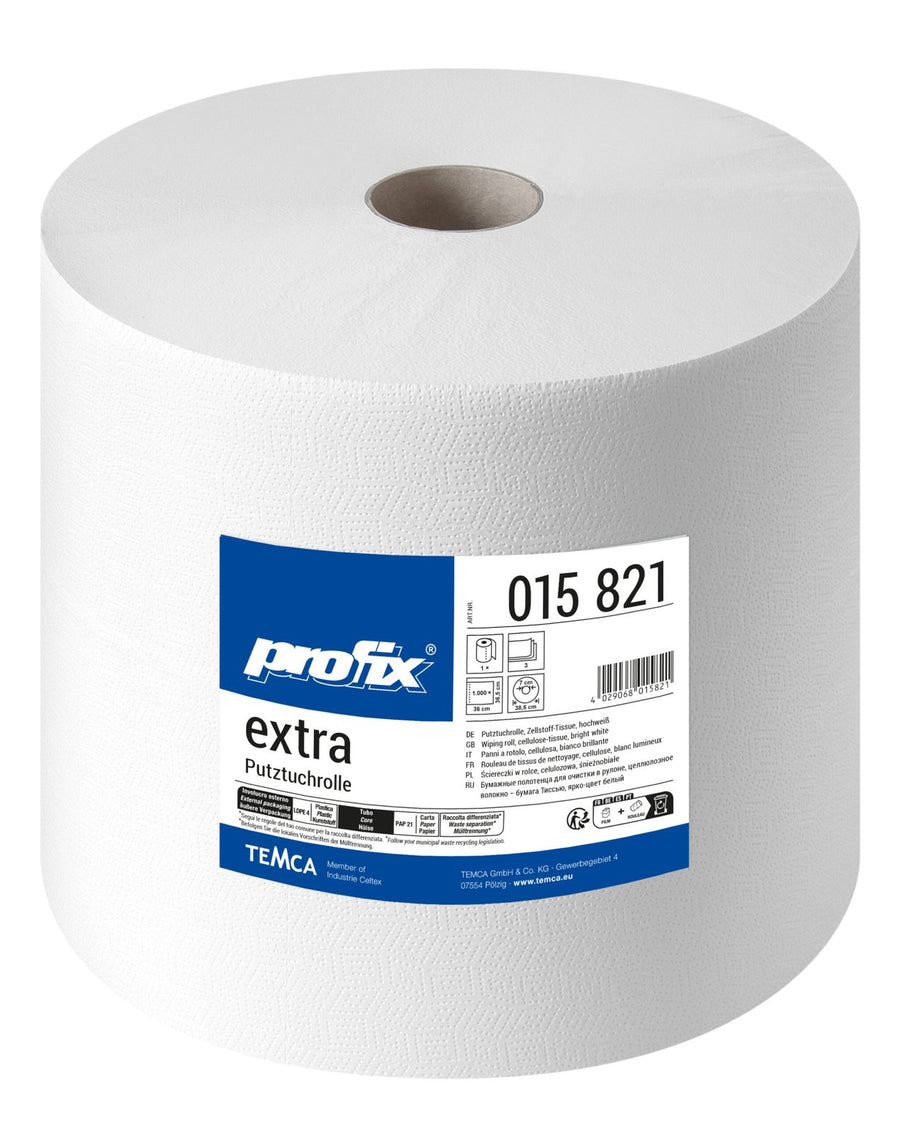Profix Extra ролка почистваща хартия 3-пластова целулоза-тишу, ярко бяла, 37 x 36 см, 1000 листа – 1 ролка
