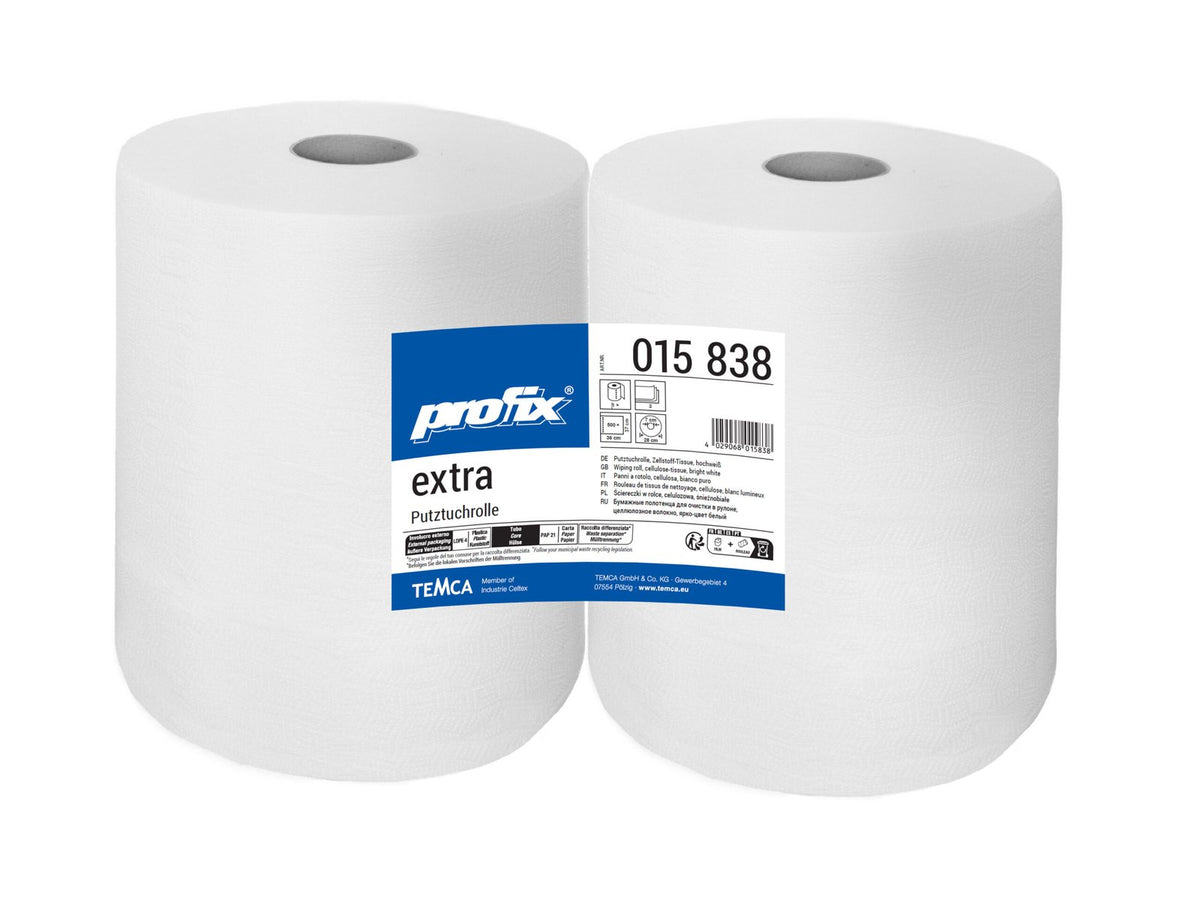 Profix Extra ролка хартиени кърпи, 3-пластови от целулозен тъкан, снежнобели, 37 x 36 см, 500 листа – 2 ролки (двоен пакет)