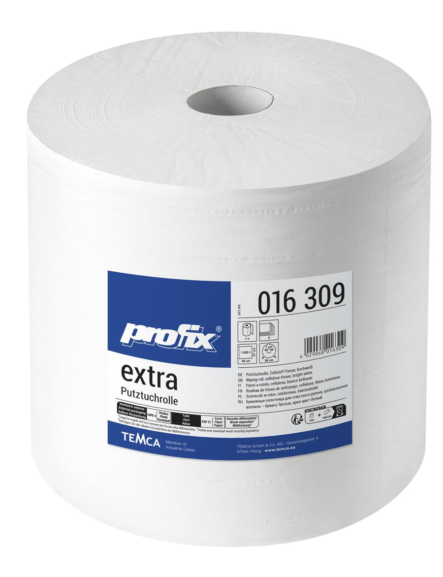 Profix Extra ролка хартиени кърпи за почистване, 4-пластова целулозна тъкан, супер бяла, 36,6 x 36 см, 1000 листа – 1 ролка