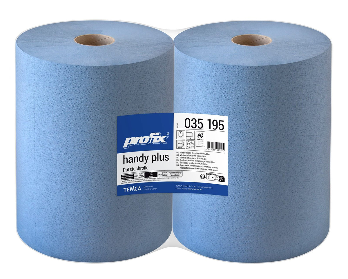 Profix Handy Plus ролка кърпи за почистване, 2-пластови, рециклирана хартия, сини, 38 x 36 см, 500 листа – 2 ролки (двоен пакет)