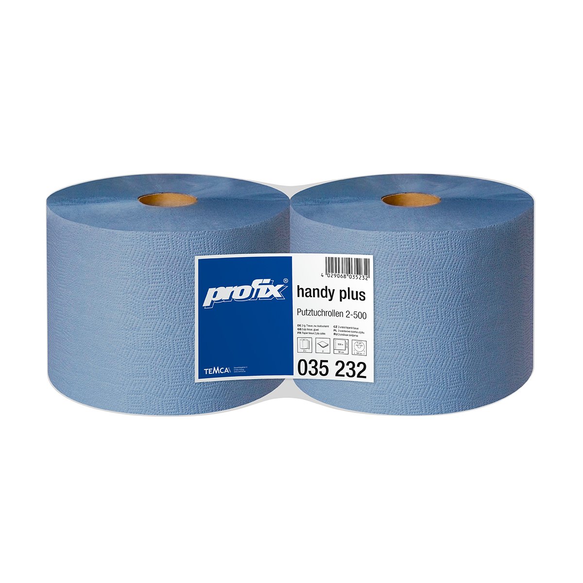 Profix Handy Plus хартиени кърпи на ролка, 2 пласта, рециклирана хартия, сини, 22 x 36 см, 500 къса – 2 ролки (двоен пакет)