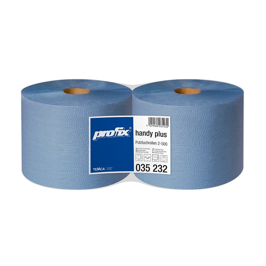 Profix Handy Plus хартиени кърпи на ролка, 2 пласта, рециклирана хартия, сини, 22 x 36 см, 500 къса – 2 ролки (двоен пакет)