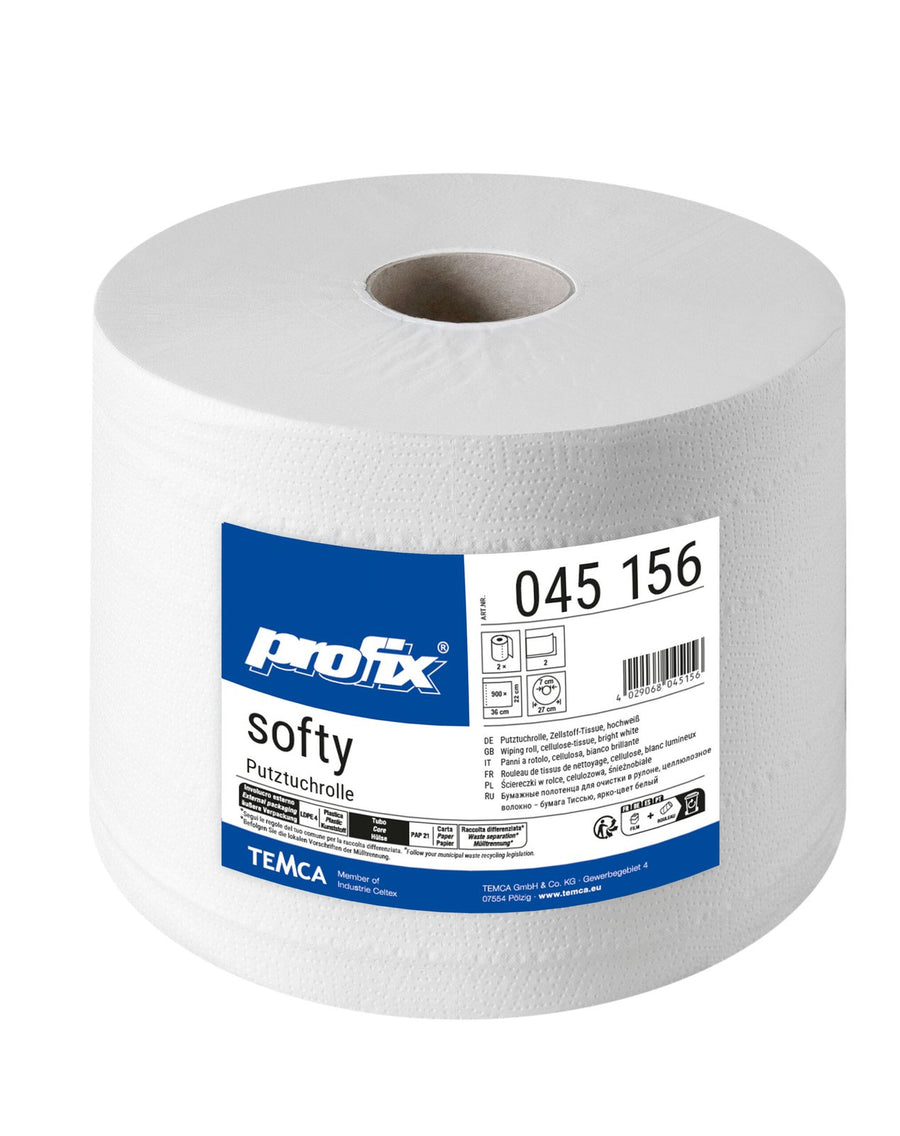 Profix Softy ролка почистващи кърпи, 2-пластови, целулоза-тишу, снежнобели, 22 x 36 см, 900 къса – 2 ролки (двоен пакет)