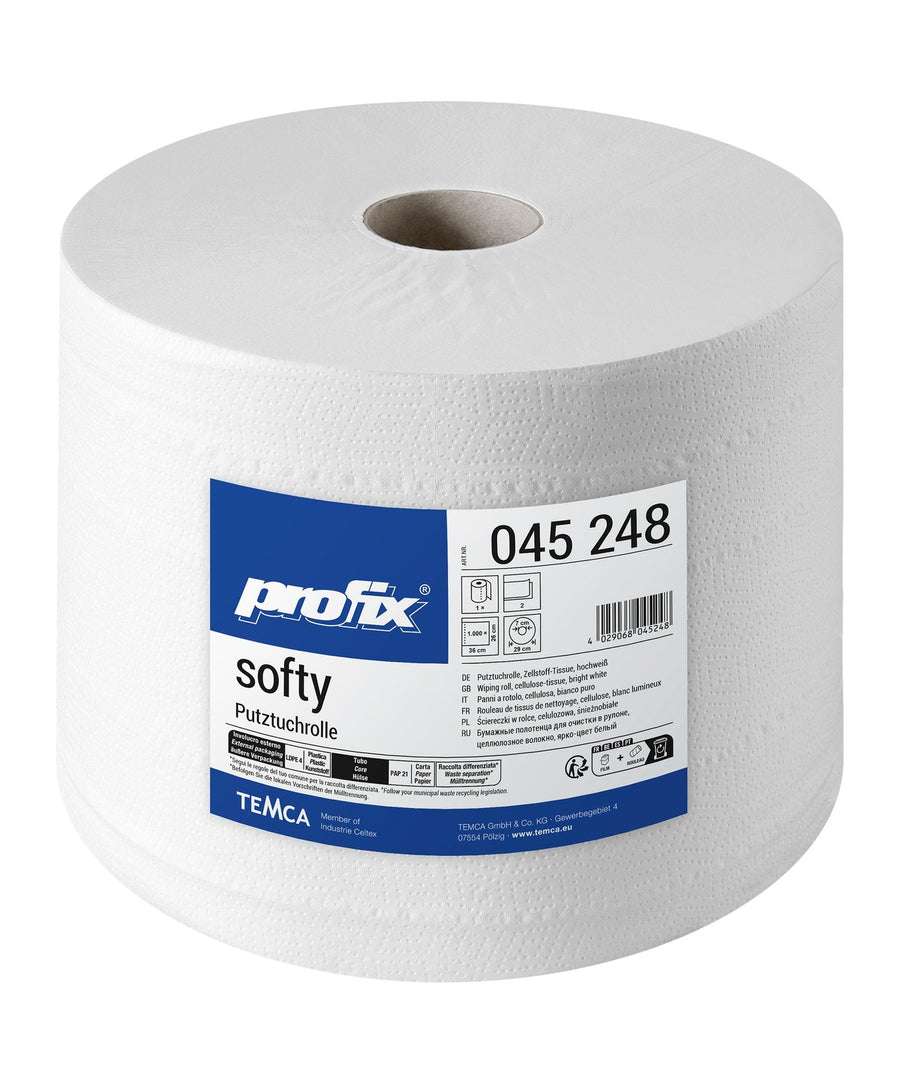 Profix Softy Почистваща ролка с кърпи, 2-пластова, целулозна, яркобяла, 26 x 36 см, 1000 къса – 2 ролки (двоен пакет)
