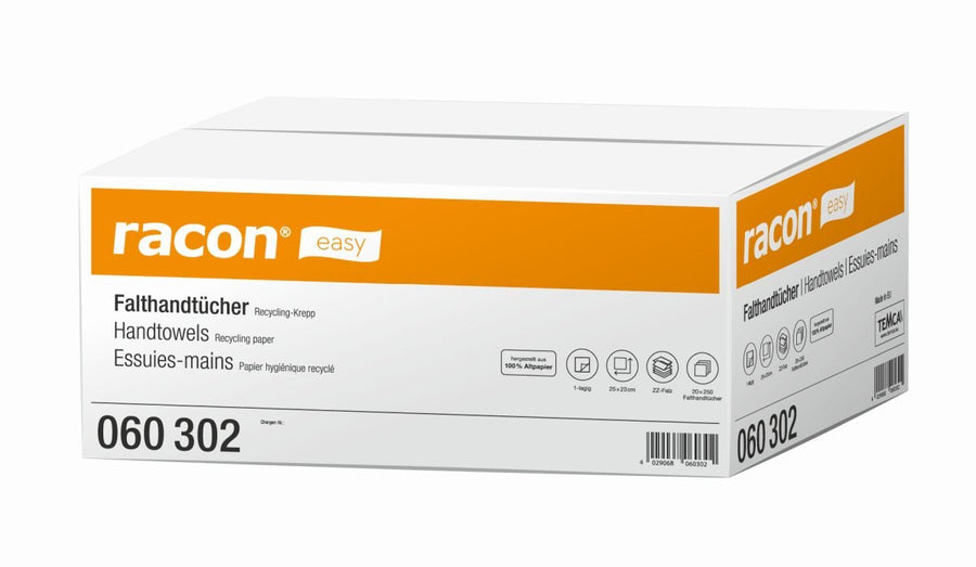 Racon Easy Falthandtücher 1-lagig Recycling-Krepp natur, 25 x 23 cm – Karton mit 5.000 Tüchern (20 x 250)