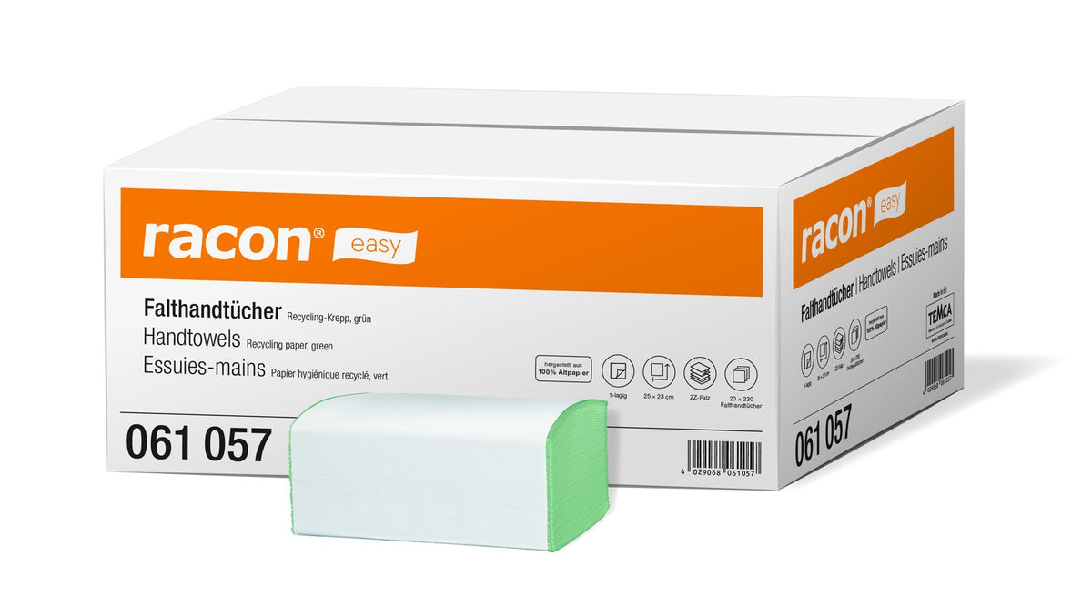 Racon Easy Falthandtücher 1-lagig Recycling-Krepp grün, 25 x 23 cm – Karton mit 4.600 Tüchern (20 x 230)