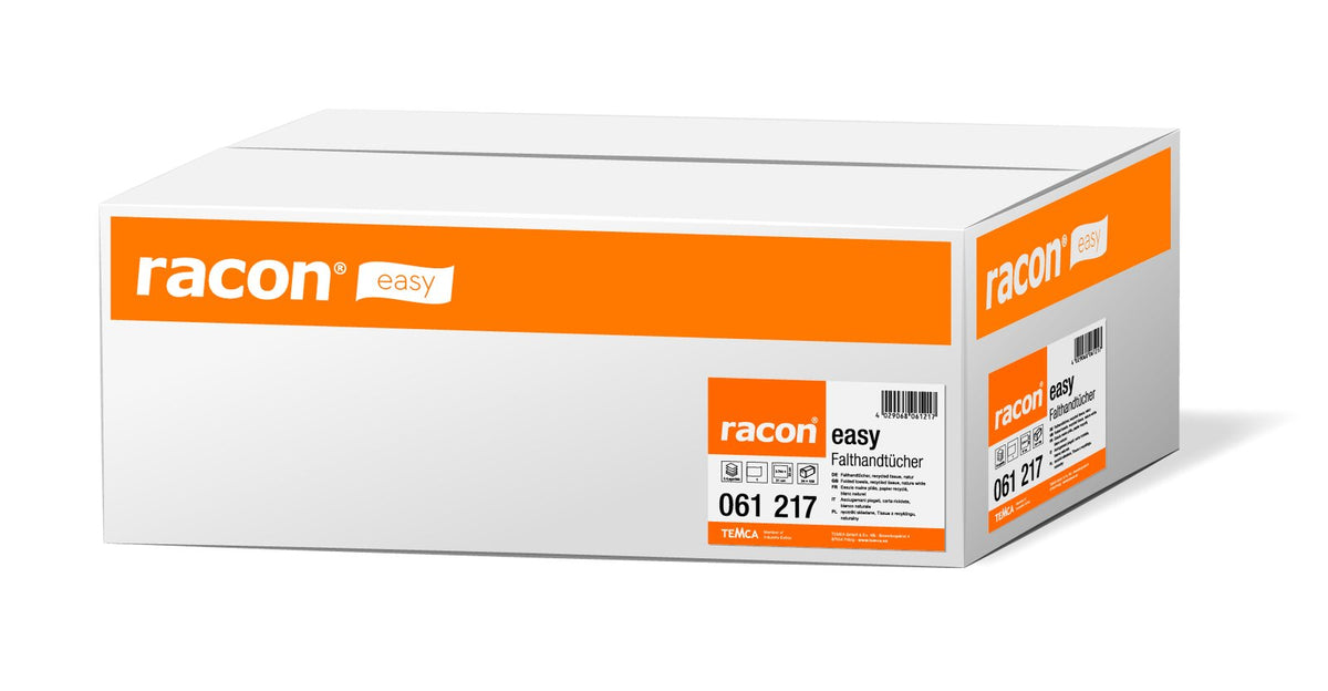 Racon Easy Falthandtücher 1-lagig Recycling-Krepp natur, 25 x 31 cm – Karton mit 3.648 Tüchern (24 x 152)