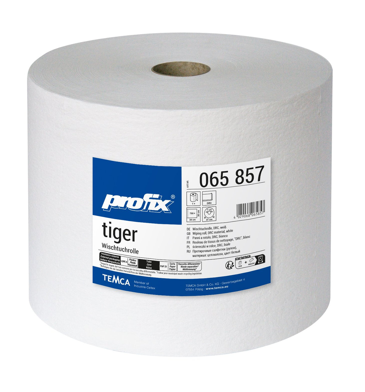 Profix Tiger ролка кърпи за почистване 29,5 x 34 см, 1-пластови, DRC материал, бяла – 1 ролка по 750 листа