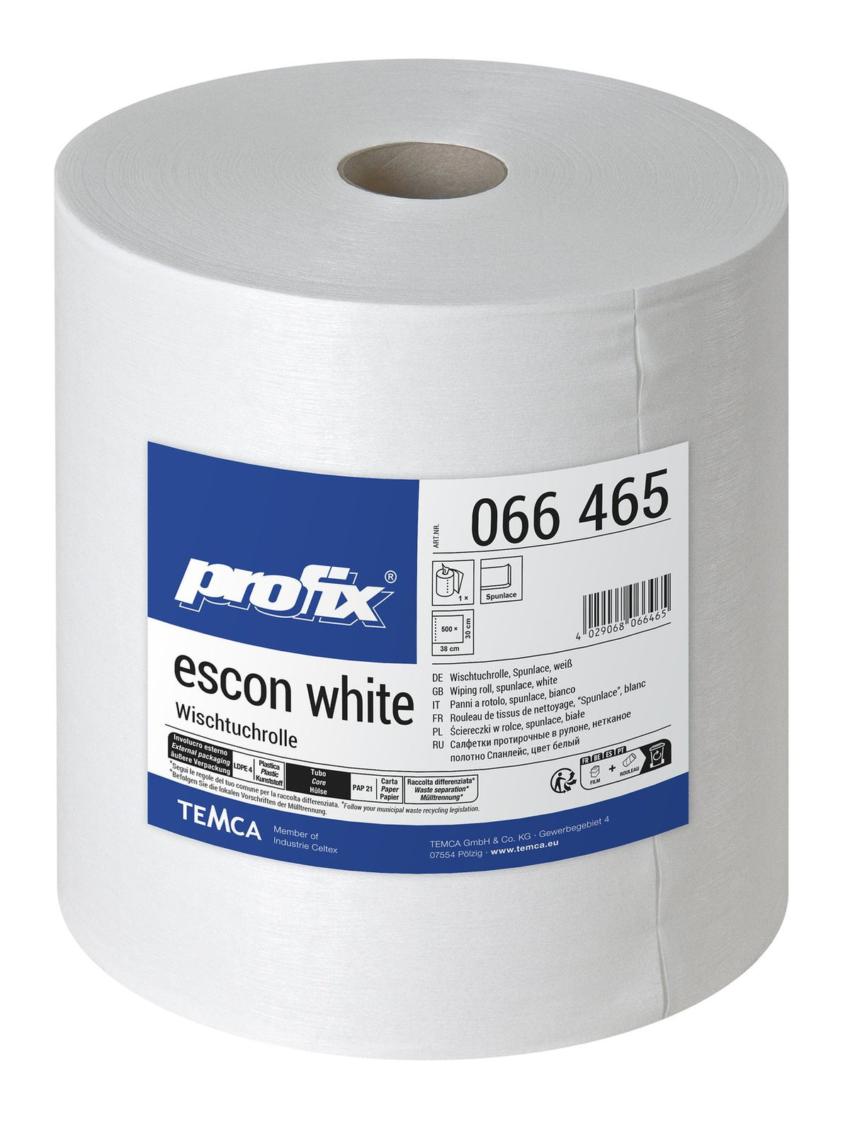 Profix Escon White Wischtuchrolle 30 x 38 cm, 1-lagig, Spunlace, hochweiß – 1 Rolle à 500 Blatt