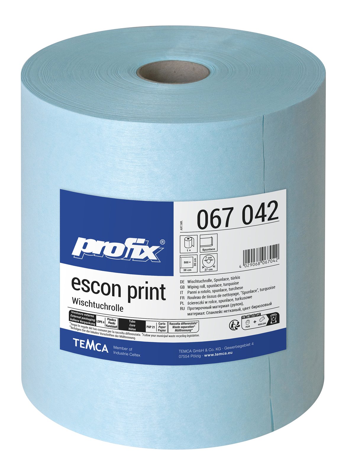 Profix Escon Print Wischtuchrolle 30 x 38 cm, 1-lagig, Zellstoff-/Textilfaser, türkis – 1 Rolle à 500 Blatt