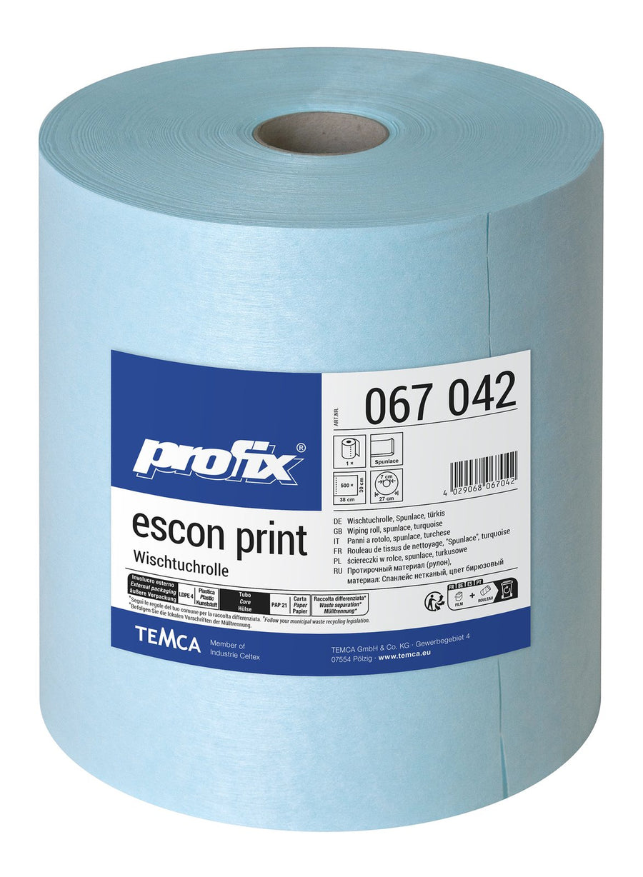 Profix Escon Print ролка кърпи за почистване 30 x 38 см, 1-пластови, целулоза/текстилни влакна, тюркоаз – 1 ролка с 500 листа