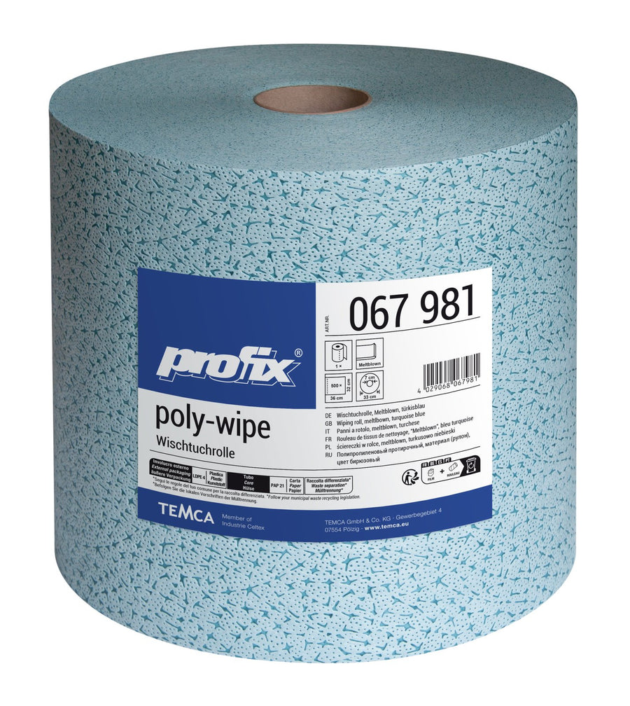Profix Poly-Wipe ролка кърпи за почистване 32 x 36 см, 1-пластови, мелтблоун, тюркоазеносини – 1 ролка по 500 листа