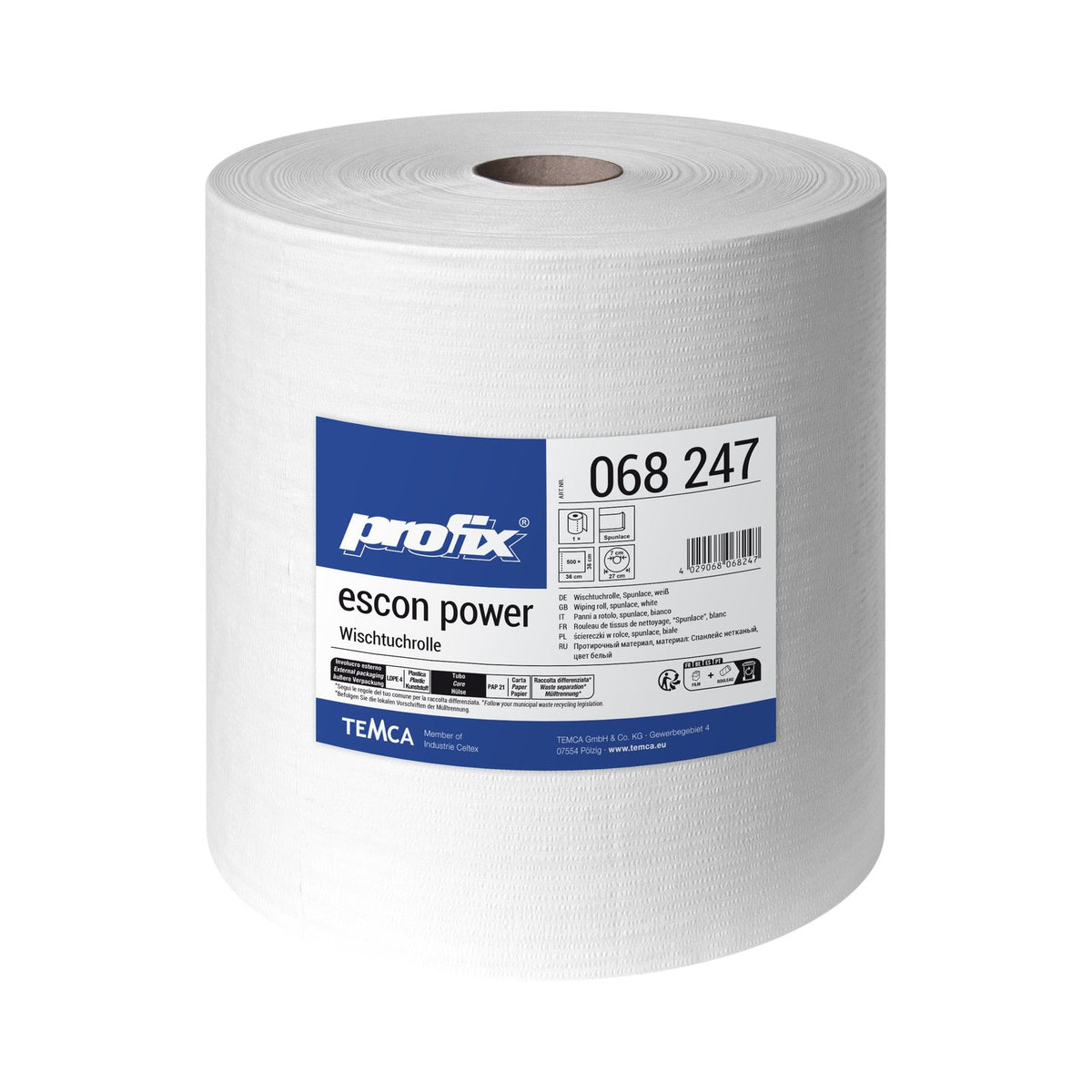 Profix Escon Power Wischtuchrolle 36 x 36 cm, 1-lagig, Zellstoff-/Textilfaser, hochweiß, gekreppt – 1 Rolle à 500 Blatt