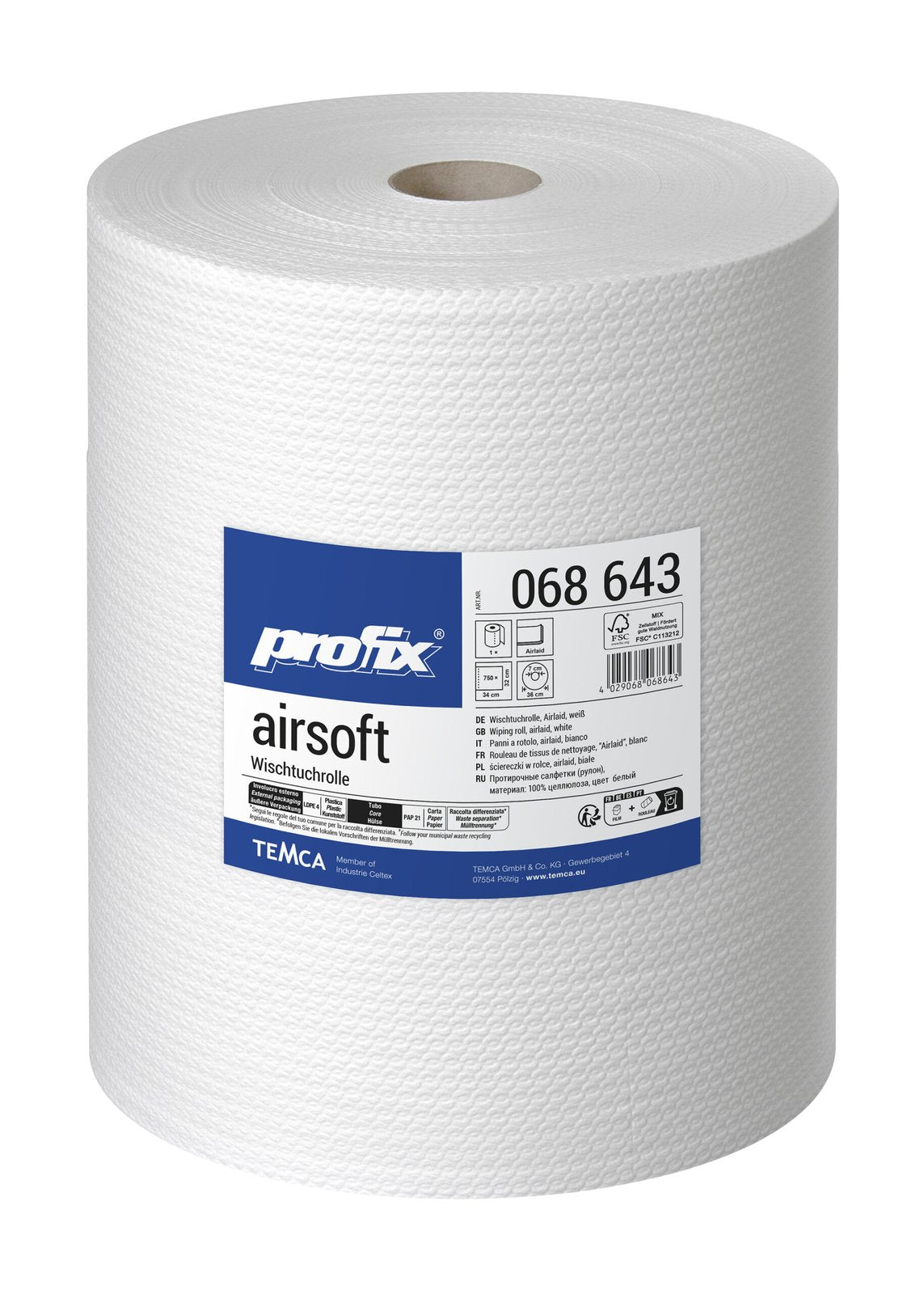 Profix Airsoft Wischtuchrolle 32 x 34 cm, 1-lagig, Airlaid, hochweiß – 1 Rolle à 750 Blatt