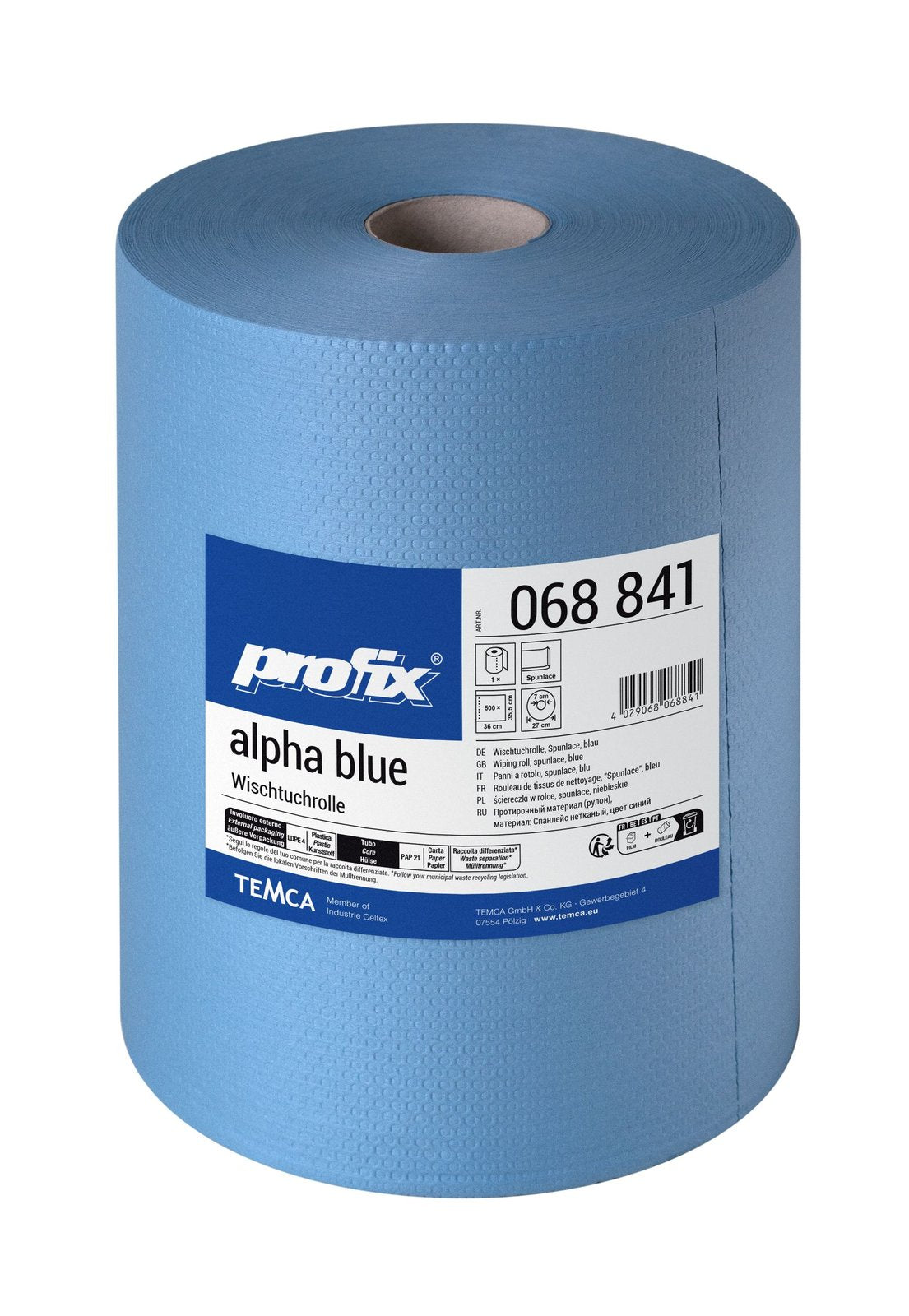 Profix Alpha Blue Wischtuchrolle 35,5 x 36 cm, Spunlace, blau, geprägt – 1 Rolle à 500 Blatt