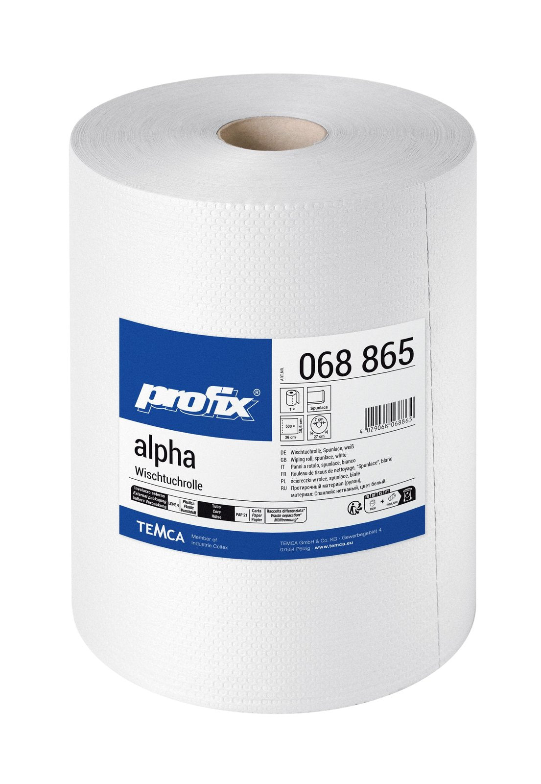 Profix Alpha Wischtuchrolle 35,5 x 36 cm, Spunlace, weiß, geprägt – 1 Rolle à 500 Blatt
