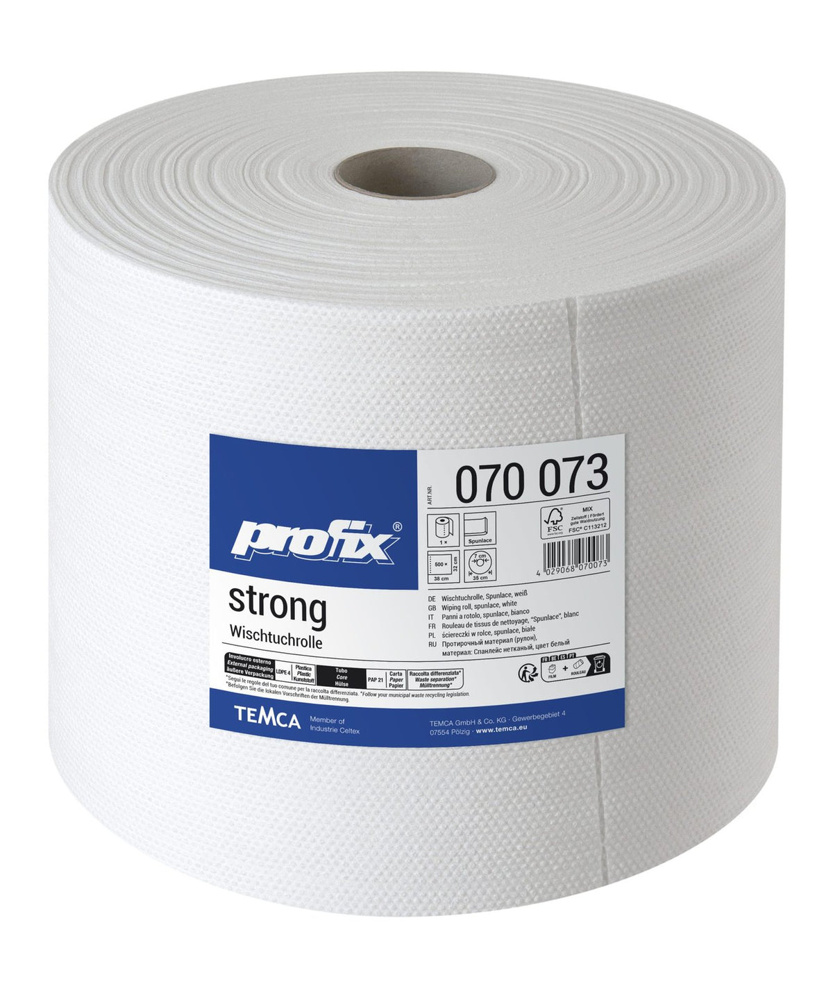 Profix Strong Wischtuchrolle 32 x 38 cm, 1-lagig, Spunlace, hochweiß, geprägt – 1 Rolle à 500 Blatt