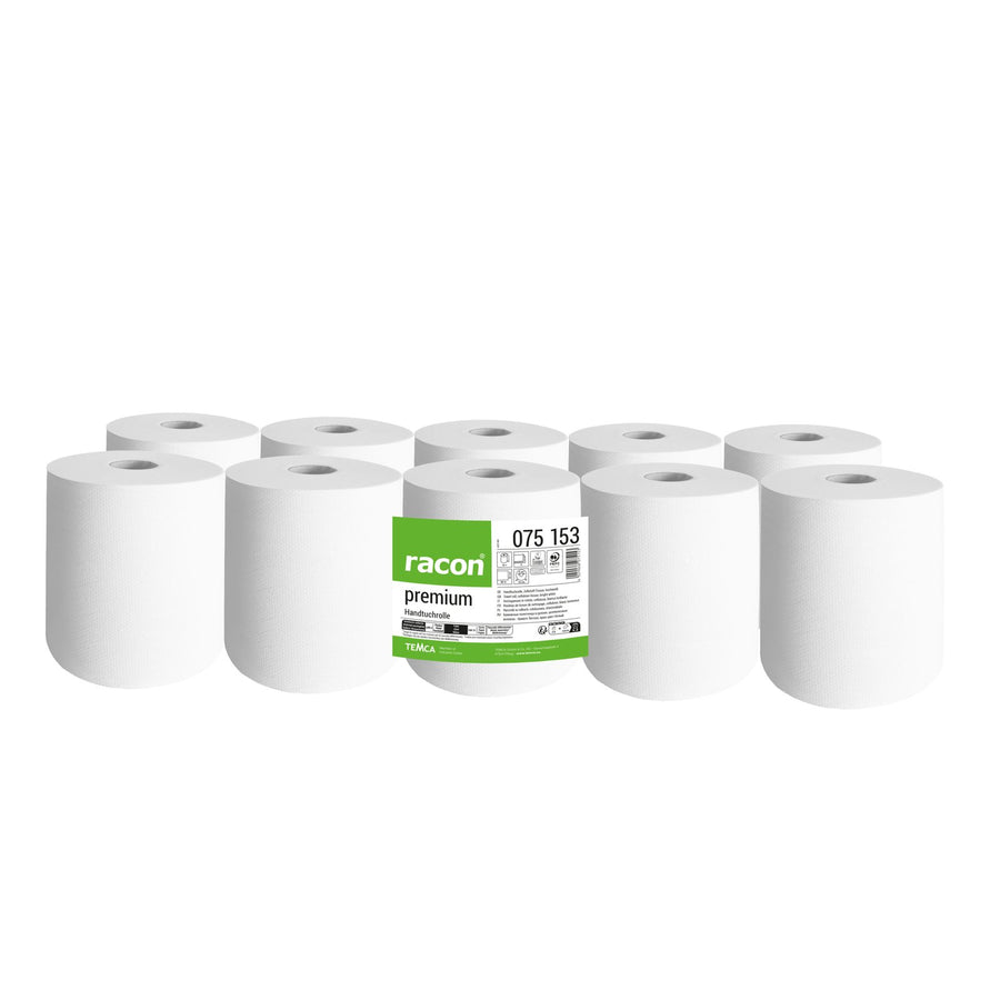 Racon Premium Handtuchrolle 3-lagig, Zellstoff-Tissue, hochweiß, 22 cm x 65 m – Pack mit 10 Rollen à 65 m