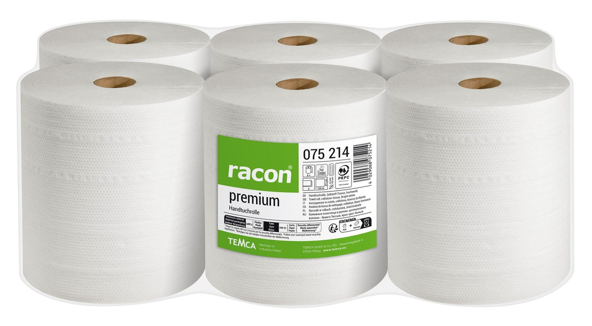 Racon Premium Handtuchrolle 2-lagig, Zellstoff-Tissue, hochweiß, 21 cm x 130 m – Pack mit 6 Rollen à 130 m