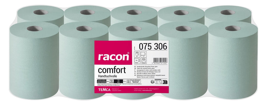 Хартиени кърпи на ролка Racon Comfort, 2-пластови, рециклирана хартия, зелени, 23 x 36 см, 205 листа – опаковка от 10 ролки по 205 листа