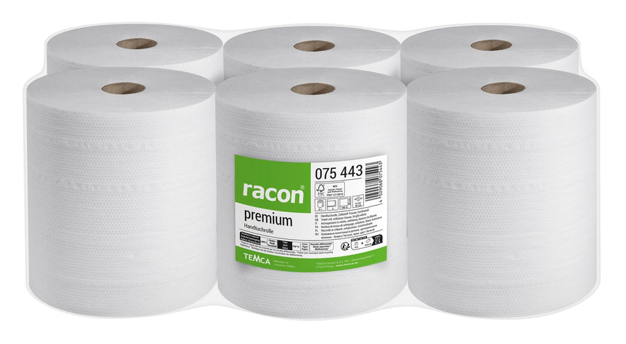 Racon Premium Handtuchrolle 2-lagig, Zellstoff-Tissue, hochweiß, 20 cm x 140 m – Pack mit 6 Rollen à 140 m