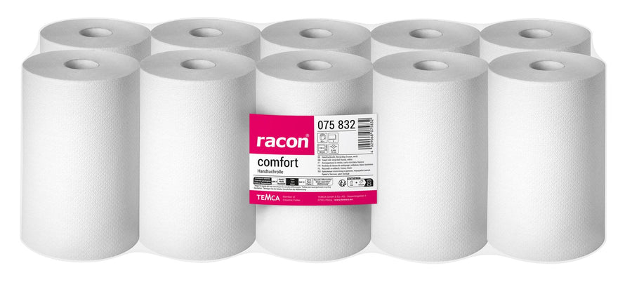 Racon Comfort Хартиени кърпи на ролка, 2-пластови, рециклирана целулоза, бели, 23 x 36 см, 150 листа – опаковка от 10 ролки по 150 листа