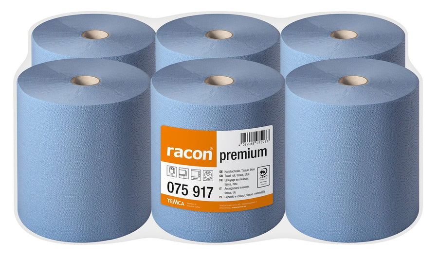 Racon Comfort ролка кърпи за ръце, 3-пластова, рециклирана хартия, синя, 20,3 см х 100 м – опаковка от 6 ролки по 100 м