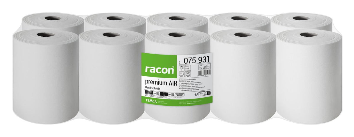 Racon Premium Air Handtuchrolle 1-lagig, Airlaid, hochweiß, 20 x 27 cm, 222 Blatt – Karton mit 10 Rollen à 222 Blatt