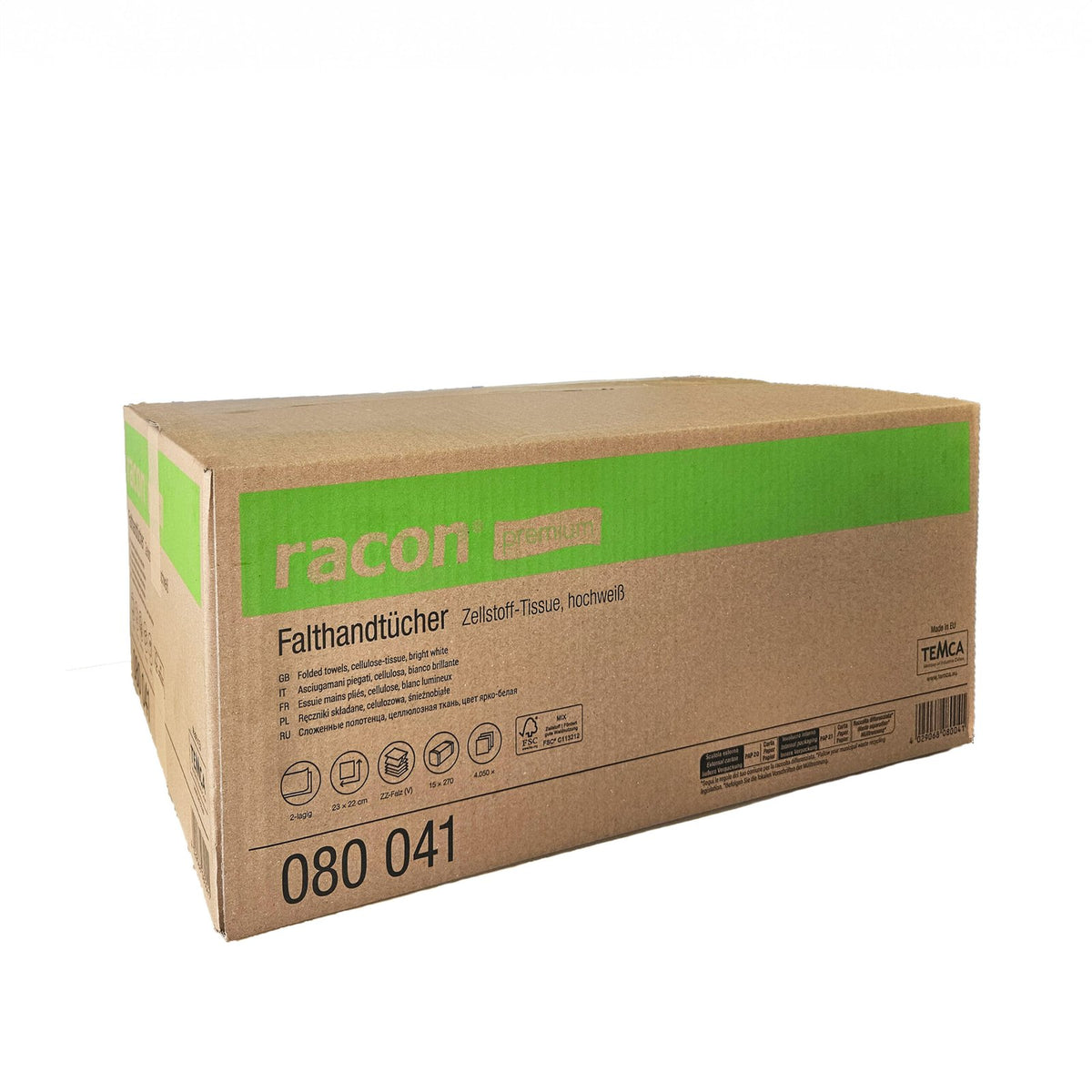 Racon Premium Falthandtücher 2-lagig, Zellstoff-Tissue, hochweiß, 23 x 22 cm – Karton mit 4.050 Tüchern (15 x 270)