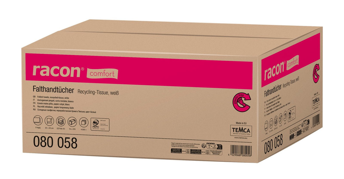 Racon Comfort Falthandtücher 2-lagig, Recycling-Tissue, weiß, 23 x 22 cm – Karton mit 4.050 Tüchern (15 x 270)