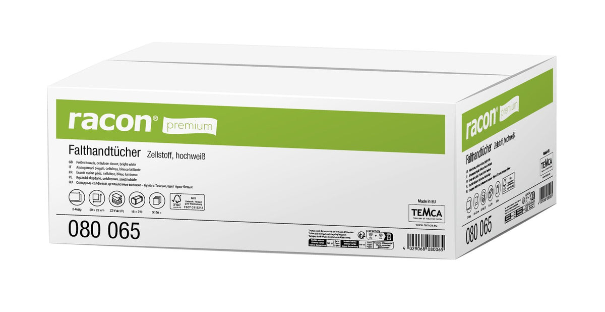 Racon Premium Falthandtücher 2-lagig, Zellstoff-Tissue, hochweiß, 20 x 22 cm – Karton mit 3.150 Tüchern (15 x 210)