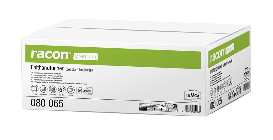 Racon Premium Falthandtücher 2-lagig, Zellstoff-Tissue, hochweiß, 20 x 22 cm – Karton mit 3.150 Tüchern (15 x 210)