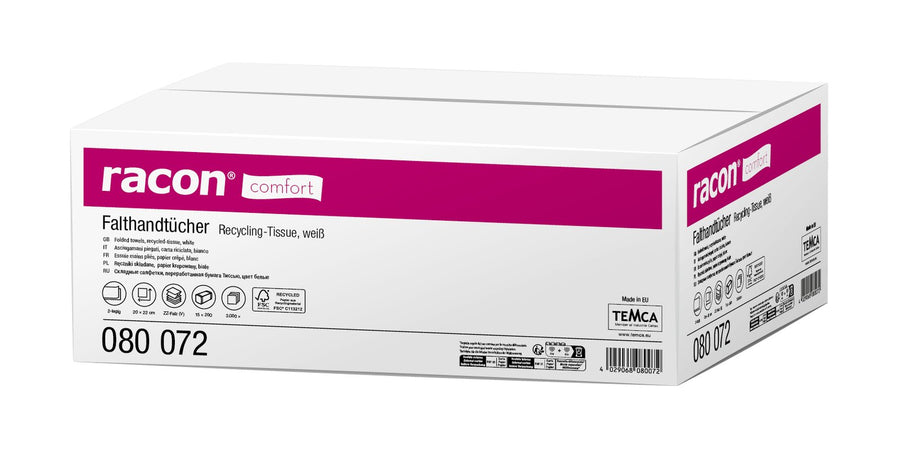 Racon Comfort сгъваеми хартиени кърпи, 2-пластови, рециклирана целулоза, бели, 20 x 22 см – кашон с 3000 кърпи (15 x 200)