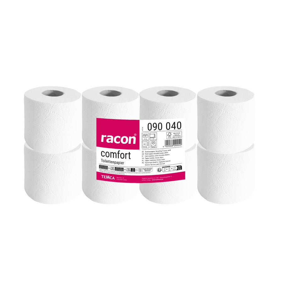 Racon Comfort Toilettenpapier 3-lagig, Recycling-Tissue, weiß, 9,5 x 11,2 cm – 64 Rollen à 250 Blatt (8 x 8)