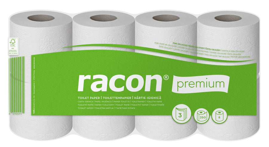 Racon Premium Toilettenpapier 3-lagig, Zellstoff-Tissue, hochweiß, 9,5 x 11 cm – 56 Rollen à 250 Blatt (7 x 8)