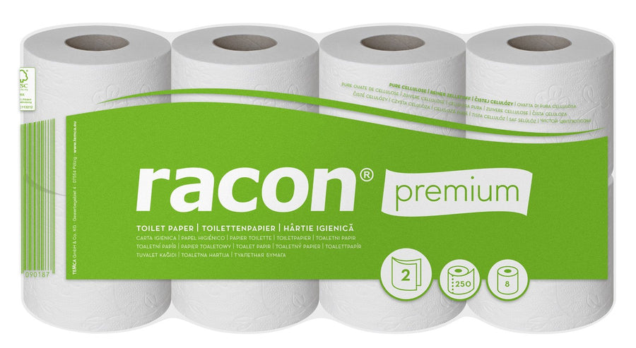 Racon Premium Toilettenpapier 2-lagig, Zellstoff-Tissue, hochweiß, 9,5 x 11 cm – 48 Rollen à 400 Blatt (6 x 8)