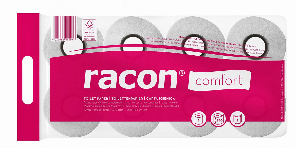 Racon Comfort Toilettenpapier 2-lagig, Recycling-Tissue, weiß, 9,5 x 11,2 cm – 64 Rollen à 250 Blatt (8 x 8)