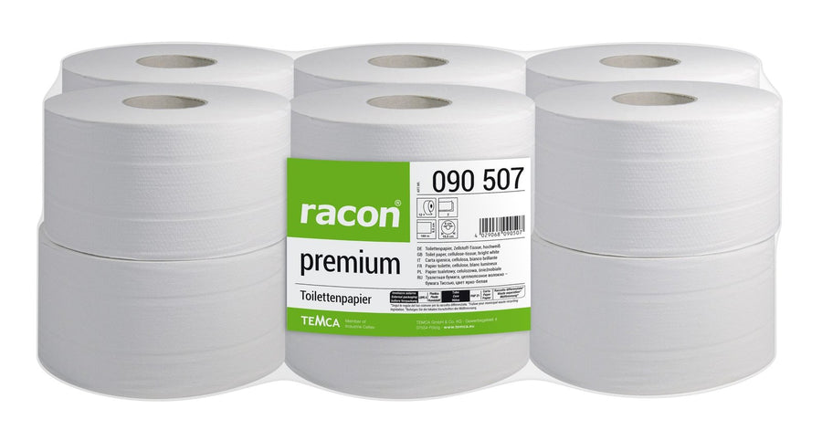 Racon Premium Toilettenpapier 2-lagig, Zellstoff-Tissue, hochweiß, 9,5 x 18 cm – 6 Rollen à 822 Blatt