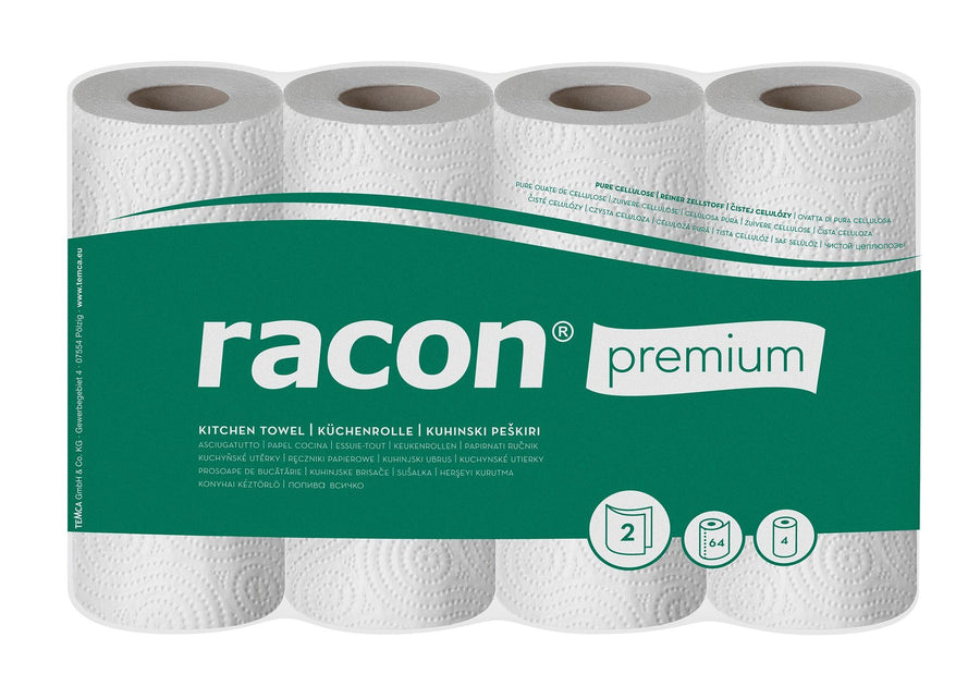 Racon Premium Küchenrolle K-2 2-lagig, Zellstoff-Tissue, hochweiß, 22 x 25 cm – 48 Rollen à 64 Blatt (12 x 4)