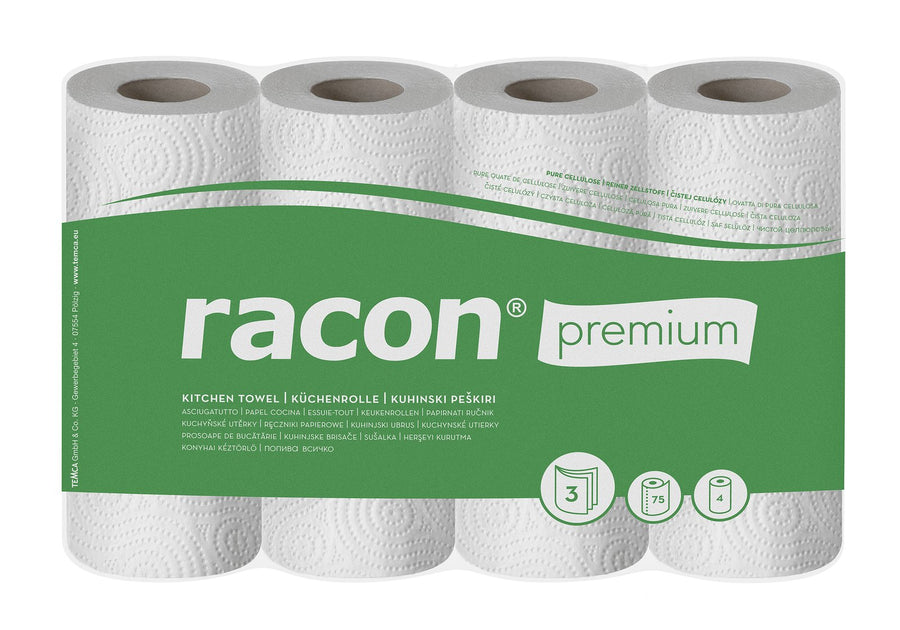 Racon Premium Küchenrolle K-3-75 3-lagig, Zellstoff-Tissue, hochweiß, 22 x 25 cm – 48 Rollen à 75 Blatt (12 x 4)