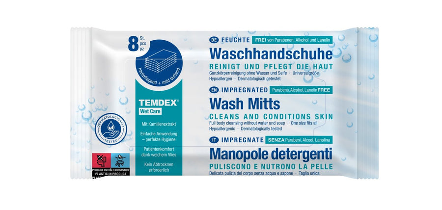 Temdex Wet Care feuchte Waschhandschuhe Spunlace-Vlies, weiß, geprägt, 15 x 22 cm – Karton mit 192 Stück (24 x 8)