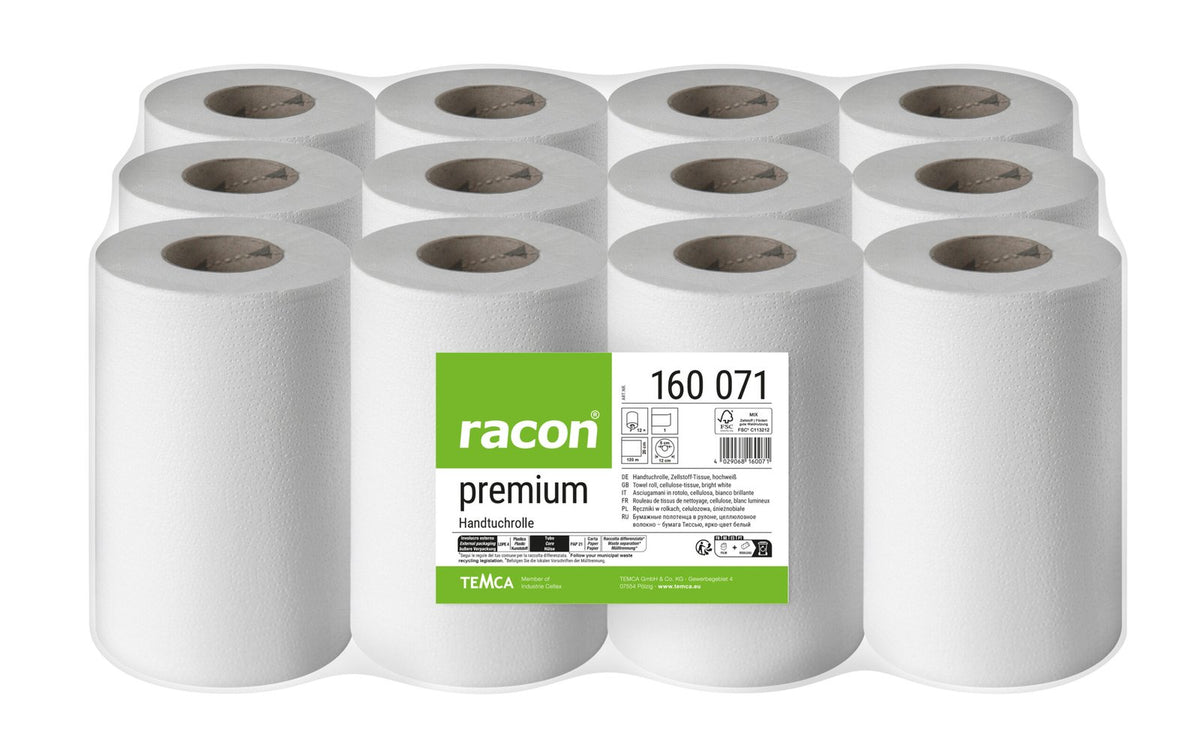Racon Premium хартиена ролка за ръце, 1-пластова, снежнобяла, 20 см x 120 м – пакет от 12 ролки