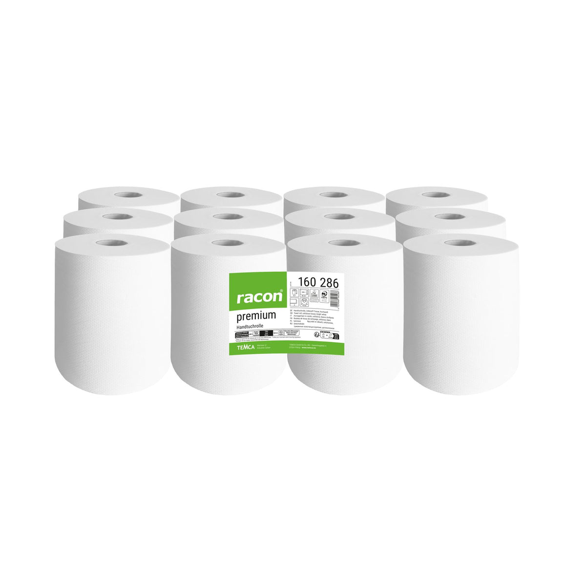 Racon Premium Handtuchrolle 2-lagig hochweiß, 20,3 x 34 cm, 220 Blatt, perforiert – Pack mit 12 Rollen