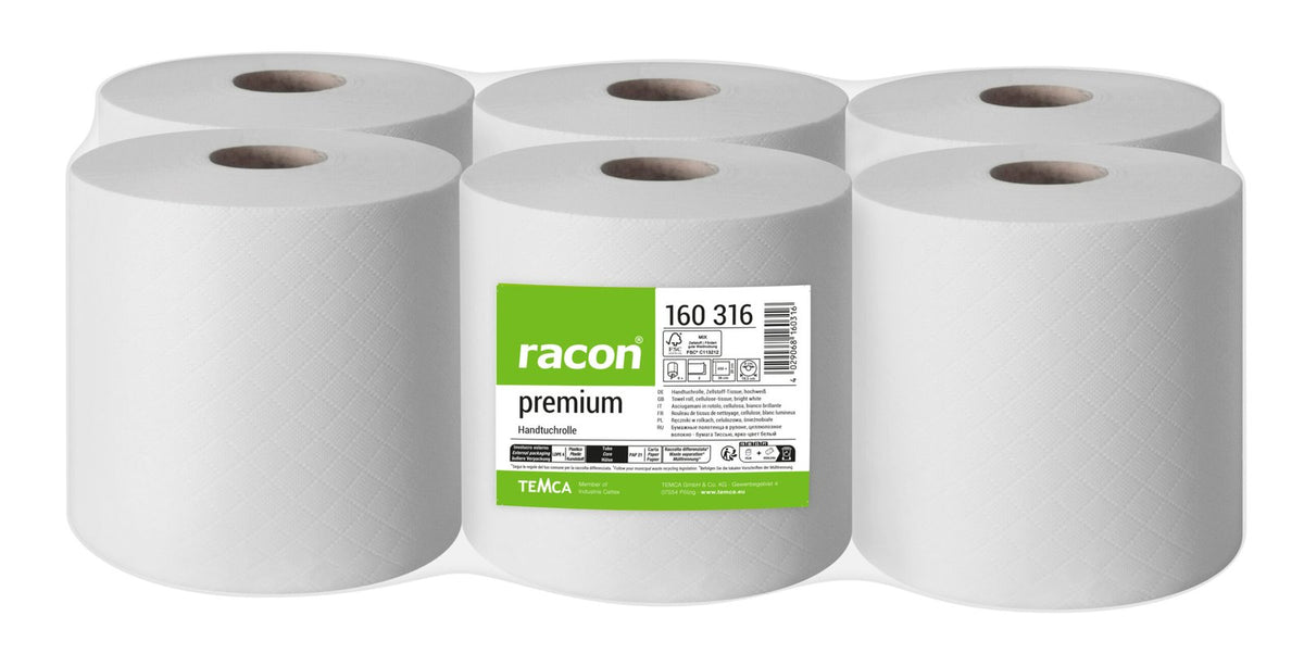 Racon Premium Handtuchrolle 2-lagig hochweiß, 20 x 36 cm, 450 Blatt, perforiert – Pack mit 6 Rollen