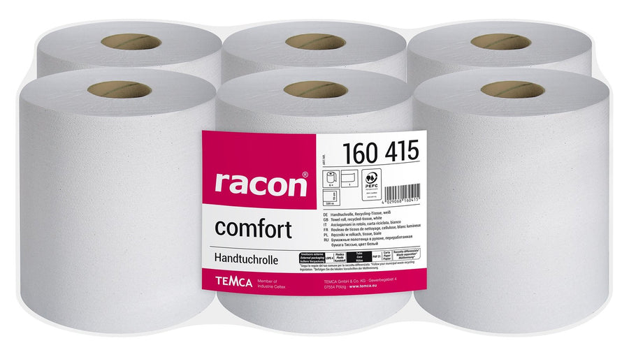 Racon Comfort хартиени кърпи на ролка, 1-пластови, бели, 19 см x 320 м – опаковка от 6 ролки