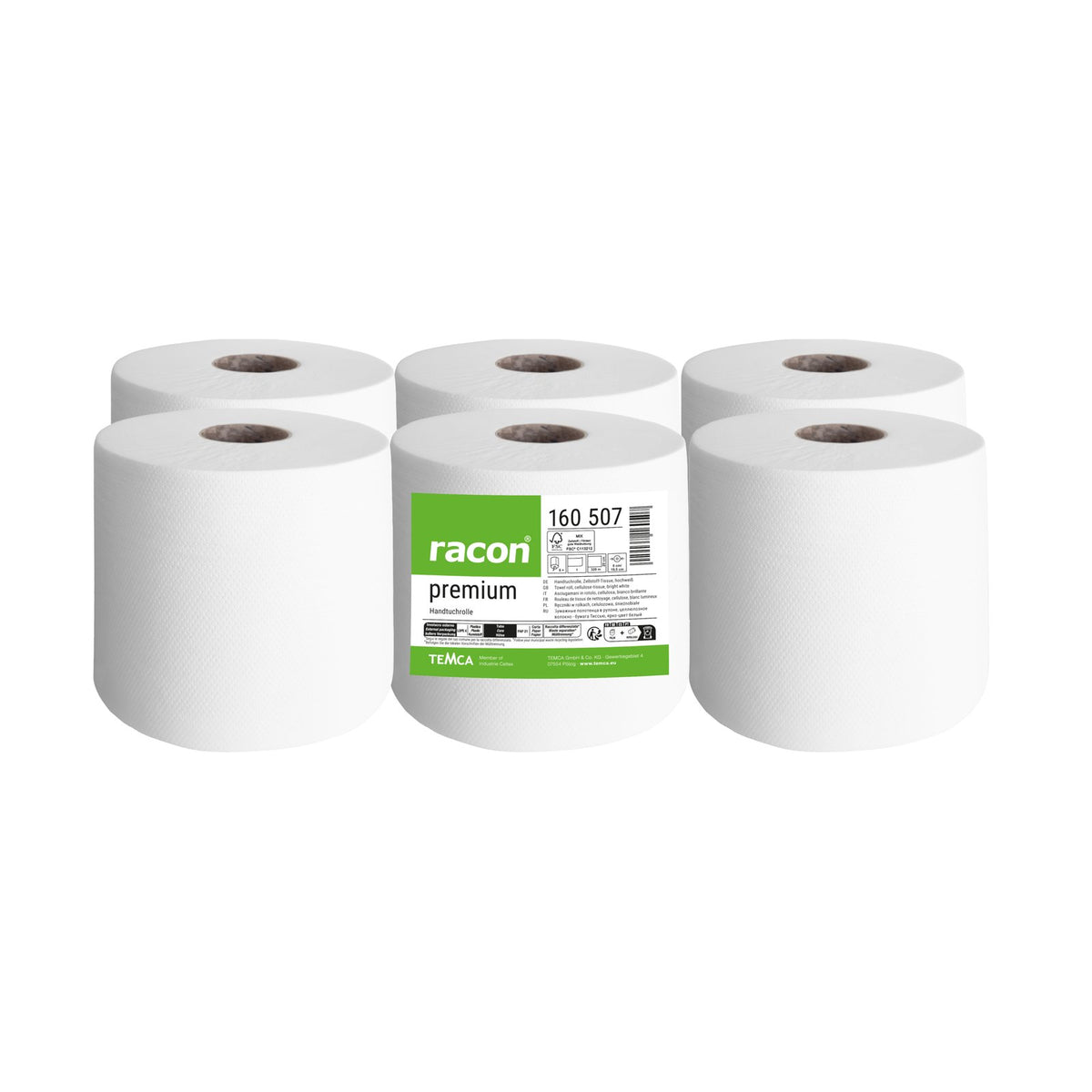 Racon Premium Handtuchrolle 1-lagig hochweiß, 20 x 36 cm, 888 Blatt, perforiert – Pack mit 6 Rollen