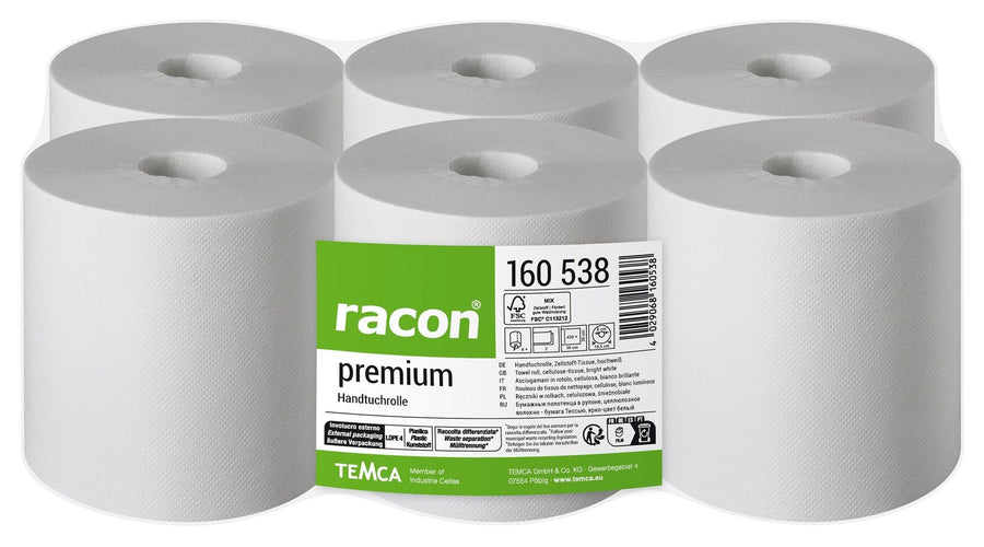 Racon Premium Handtuchrolle 2-lagig hochweiß, 20 x 36 cm, 450 Blatt, perforiert, ohne Hülse – Pack mit 6 Rollen