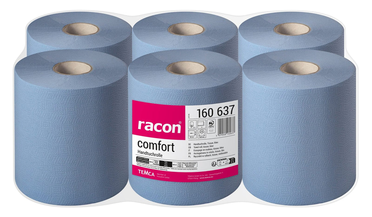 Racon Comfort Handtuchrolle 2-lagig blau, 20 x 36 cm, 450 Blatt, perforiert – Pack mit 6 Rollen