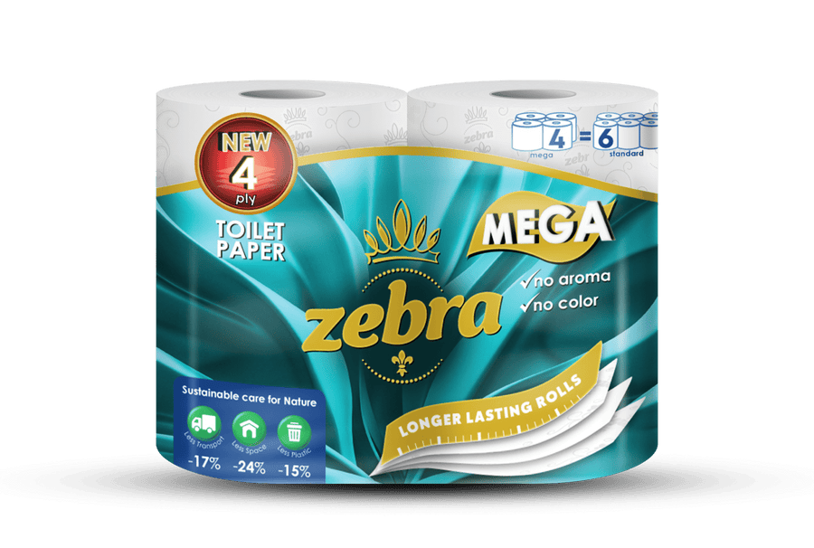 ZEBRA Toilet Paper Mega 48 rolls, 100% pulp, 4-ply, 130 sheets per roll (9.4x12.5 cm) roll length 16.2 m